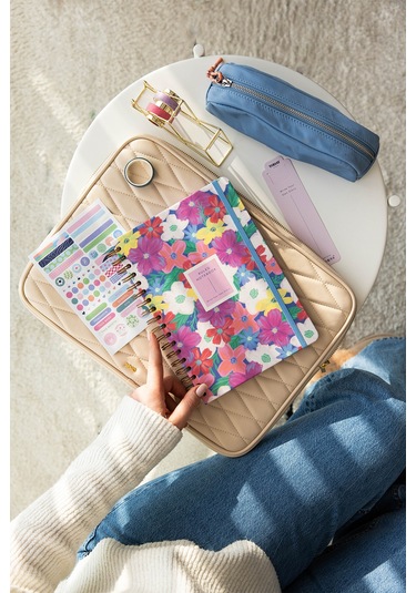 17x24 Spiralli Lastikli Sert Kapak Çizgili Not Defteri Çok Renkli Çiçekler Çok Renkli Çiçekler