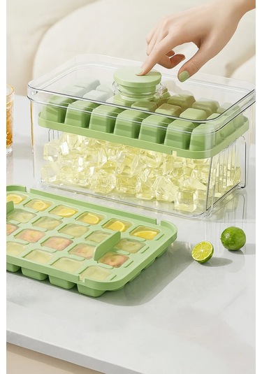 Tilbe Home 2'li Yeni Nesil Basmalı Çift Buz Kalıbı Buzluk Kapaklı Saklama Kutulu 56 Bölmeli Haznel Renkli