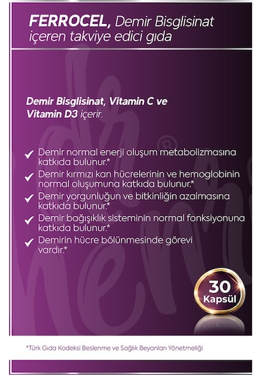 Dr. Henri Ferrocel Demir Bisglisinat Vitamin D3 ve Vitamin C 30 Kapsül