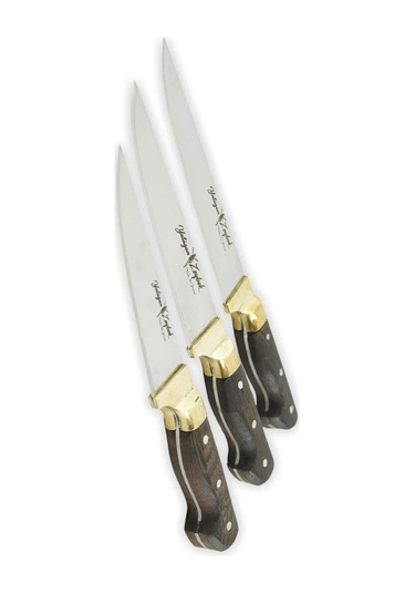 El Yapımı Venge Saplı Sarı Bilezikli Et Bıçağı Seti - 3 Parça Ahşap