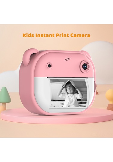 Kangvka Y600 Çocuklar İçin Anında Baskı Yapan 1080p Çift Kameralı Pembe Fotoğraf Makinesi