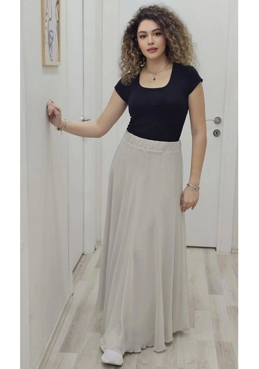 Bel Lastikli Kloş Şifon Etek 6003-taş Taş