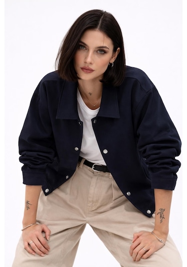 Kadın Oversize Basic Gabardin Mevsimlik Polo Yaka Ceket-385 Lacivert