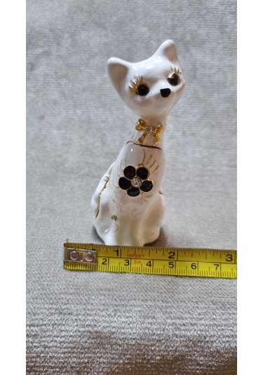 Zirkon Taşlı Emaye Beyaz Kedi Kutu Biblo 001