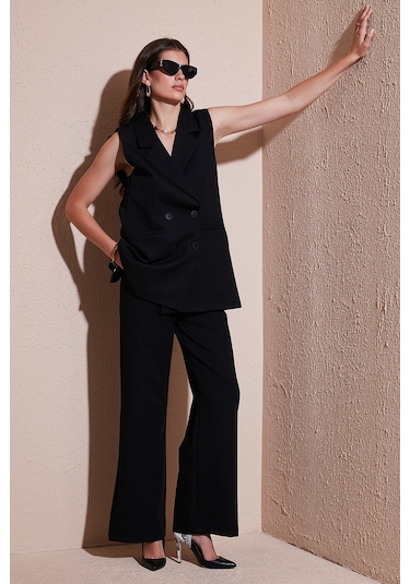 Lela Wide Leg Orta Yüksek Bel Bol Paça Kumaş Bayan Pantolon 6522974 Siyah