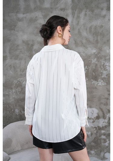 Çizgili Klasik Kadın Gömlek Beyaz