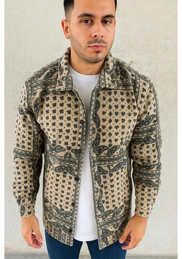 Erkek Polar Fermuarlı Sweatshirt - Kapüşonsuz, Cepli, Yumuşak Dokulu, Oversize Rahat Kalıp, Kışlık Sıcak Tutan Fermuarlı Üst - Bej Siyah