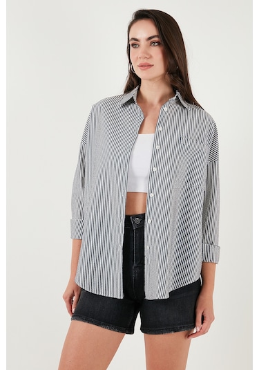 Lela Regular Fit Uzun Kollu Cepli Çizgili Bayan Gömlek 6772895 Siyah
