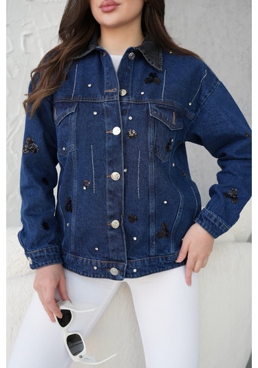 Kadın Cep Detaylı Tasarım Kot Ceket Mavi
