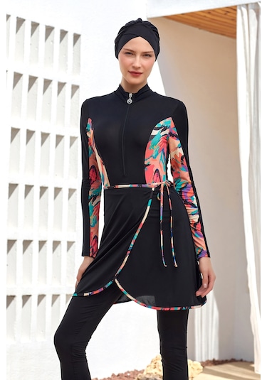 3 Farklı Şekilde Giyilebilir Likralı Etekli Tesettür Mayo Dora 2111 Siyah Siyah