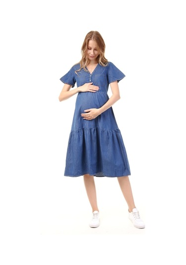 Luvmabelly Myra5025 - Hamile Elbisesi Kot Düğmeli Ve Cepli - Mavi-mavi