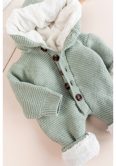 Triko Örme Welsoft Astarlı Kapüşonlu Kışlık Bebek Tulum Yeşil