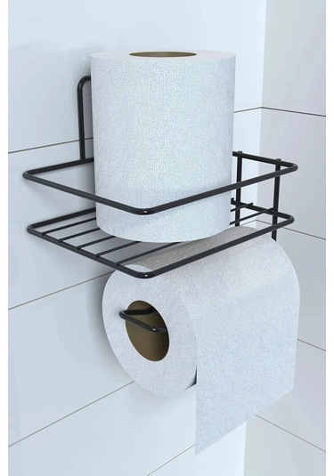 Zmc Bilişim Kendiliğinden Yapışkanlı Tuvalet Kağıdı Tutacağı Ve Yedek Raf - Siyah Modern Metal Tasarım Çok Renkli