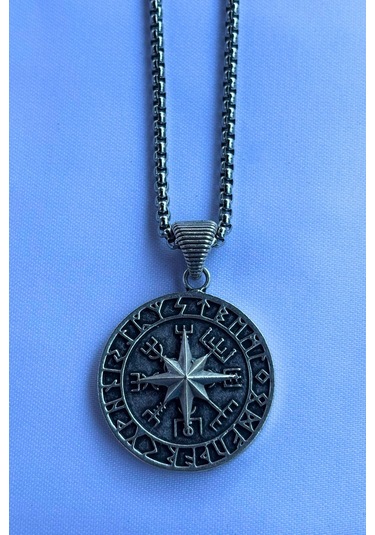 Vegvisir Pusulalı El İşçiliği Paslanmaz Çelik Zincir Erkek Kolye Gümüş