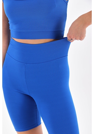 Kallima Mavi Toparlayıcı Esnek Fitilli Spor Crop-biker Tayt Takım