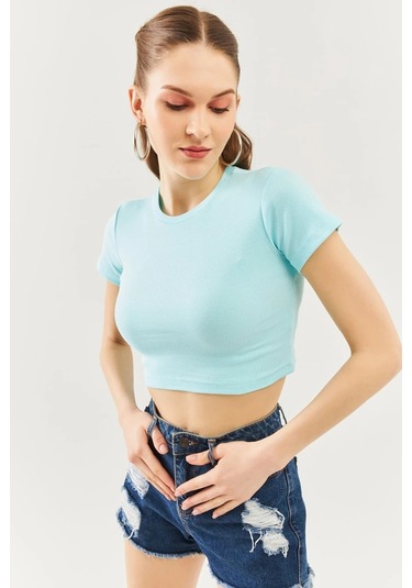 Kadın Kısa Kol Bisiklet Yaka Vücuda Oturan %100 Pamuklu Kaşkorse Esnek Crop Bluz Aqua