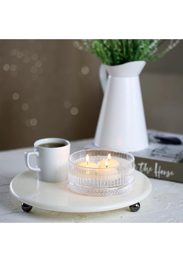 Akayev Mermer 28 CM Füme Boncuk Ayaklı Beyaz Yuvarlak Sunumluk