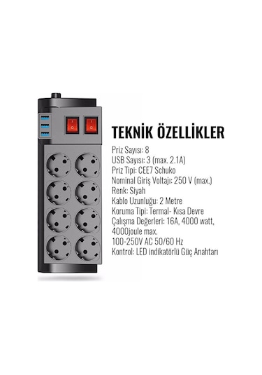 8'li Priz 4000watt Akım Korumalı Uzatma Kablosu / 2 Metre / 16a / Diğer