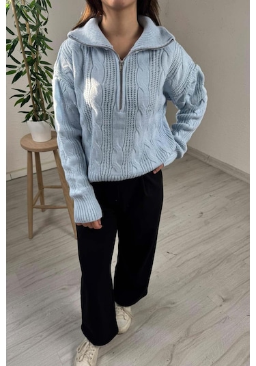 Explode - Kadın Mavi Fermuarlı Yaka Oversize Örgülü Triko Kazak Mavi