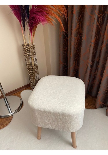 Kare Kesim Ahşap Ayaklı Teddy Kumaş Dekoratif Beyaz Renk Puf