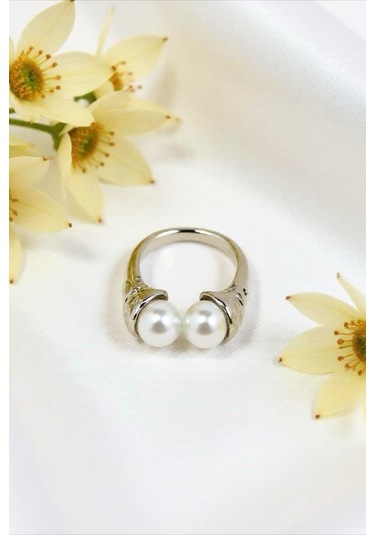 İncili Gümüş Renkli Ayarlanabilir Çelik Yüzük Gümüş