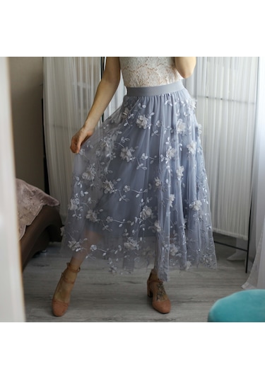 Lüks Kadın Etekler Kore Tarzı Moda Elastik Bel Aplikler Nakış Çiçek Örgü Etek Uzun Gazlı Bez Balo Etek Pembe