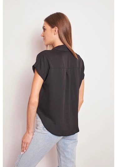 Likrasız Şık Kumaş Yakalı Düşük Omuzlu Önü Pileli Gömlek-siyah Siyah