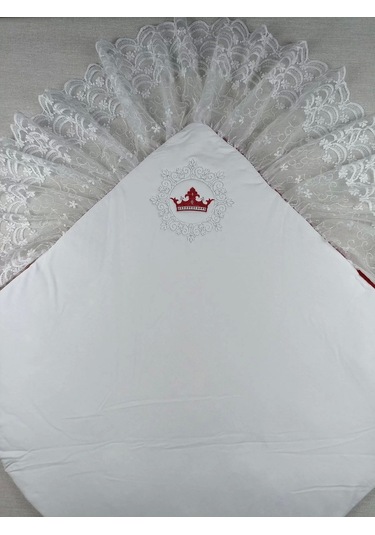 Yenidoğan Saray Kadife Taç Nakışlı İnci Fiyonklu Dantel Duvak Trilüks Kundak Bebek Battaniye Bordo Bordo