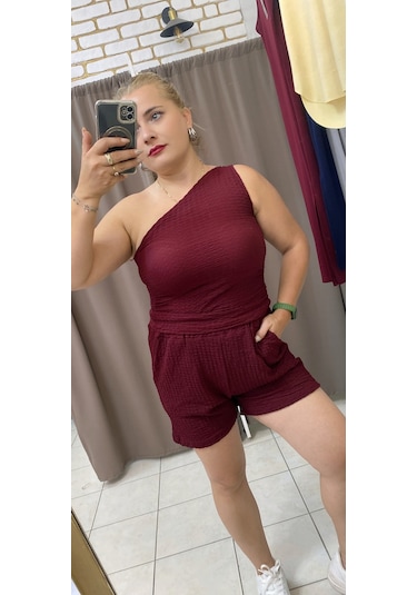 Tuba Toptaş Gofre Şort Lastikli Bel Bordo