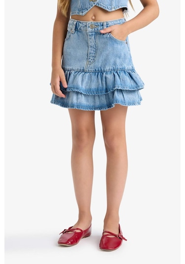 Defacto Kız Çocuk Pamuklu Katlı Jean Etek F7167a825aunm28 Mavi