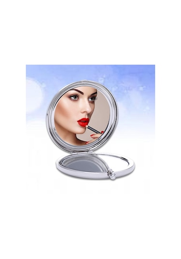 Sones Elmas İşlemeli Metal Çift Taraflı Katlanır Mini Taşınabilir Yuvarlak Küçük Makyaj Aynası Kırmızı