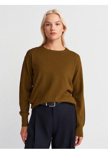 Dilvin 10633 Bisiklet Yaka Yünlü Basic Triko Kazak-yağ Yeşil Yağ Yeşil