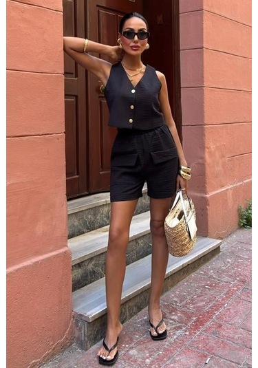 Mini Yelekli Şortlu Keten Takım 10176-08 Si Yah