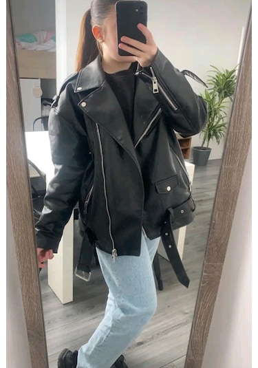 Prifaldi Oversize Uzun Kadın Deri Ceket Siyah