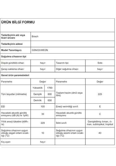 Bosch GSN33VWE0N 225 LT 7 Çekmeceli Dikey Derin Dondurucu