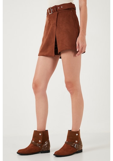 Lela Kışlık Regular Fit Asimetrik Kesim Fermuarlı Bayan Şort Etek 5865973 Taba