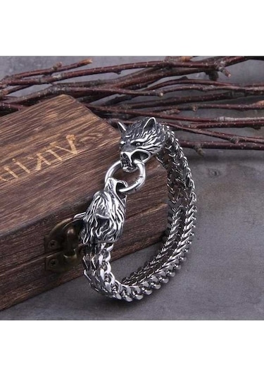 Novahub Çelik Paslanmaz Viking Odin Kurt Kafası İskandinav Erkek Bilezik, Deri Ve Çelik Takı, Punk Tılsım Hediye Çok Renkli