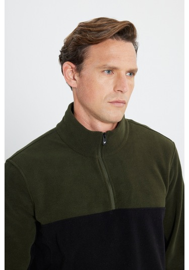 AC&Co / Altınyıldız Classics Erkek HAKI-SIYAH Anti-Pilling Tüylenme Yapmayan Standart Fit Bato Yaka İçi Polarlı Polar Sweatshirt 4A5221100015HSYXL