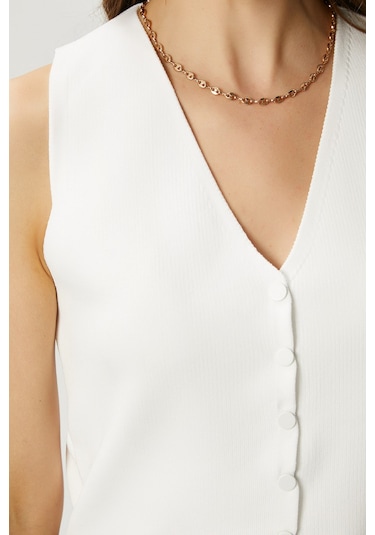 Ritnice Kadın Petite Çıtçıtlı Crop Krem Triko Yelek Krem