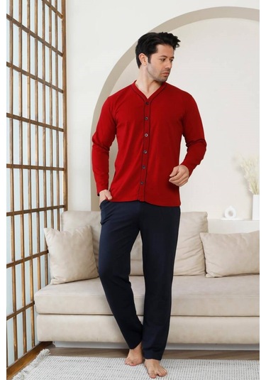 Erkek V Yaka Önden Düğmeli Pamuk Likra Mevsimlik Uzun Kol Cepli Pijama Takımı Bordo