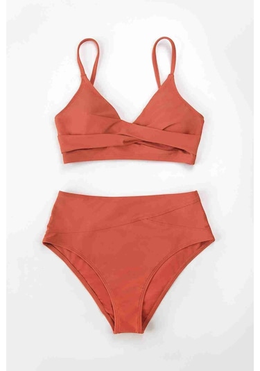 Angelsin Özel Tasarım Önden Çarpraz Bikini Üstü Kırmızı 001