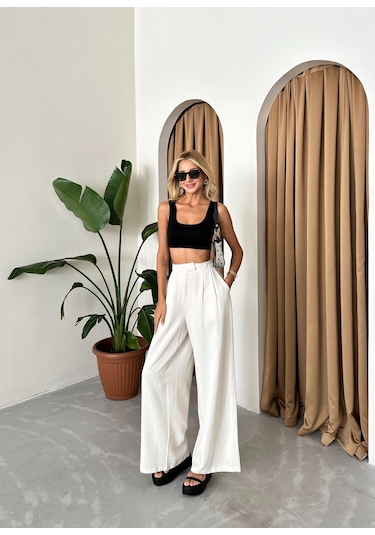 Natural Pamuk Yandan Düğmeli Geniş Paça Pantolon Ekru