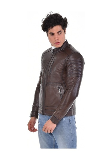 Hakiki Deri Siyah Erkek Deri Mont Hakim Yaka Üç Cepli Fermuarlı Fermuarlı Deri Ceket Kahverengi