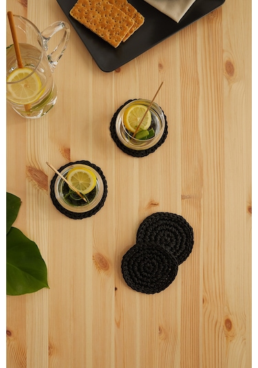 Ocean Home Textile 4'lü Siyah Renk Rafya Bardak Altlığı Ø 11 cm