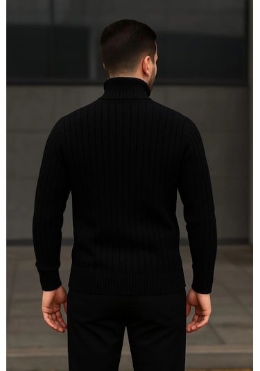 Erkek Fitilli Triko Kazak 2li Set Bej Siyah Regular Balıkcı Yaka Tam Boğazlı Triko Seti Modeli Kazak Siyah