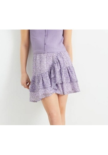 Çiçekli Kız Çocuk Mini Etek Lila