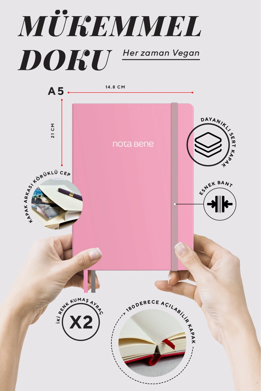 Nota Bene Premium Sert Kapak Defter, 14.8x21 Cm, Çizgili Pembe