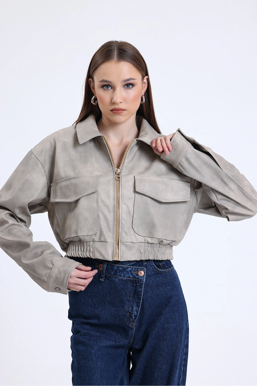 Kadın Deri Oversize Astarlı Kol Çıt Çıt Düğmeli Deri Mont Fermuar Kapamalı Kolej Mont Bej Bej