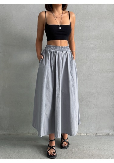 Kadın Beli Lastikli Dokuma Kloş Etek Gri