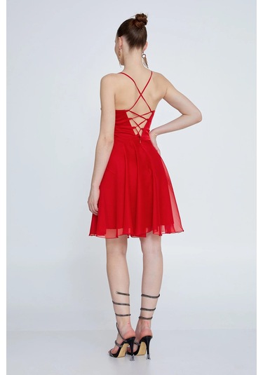 Doridorca Kadın Askılı Sırttan Çapraz Bağlamalı Kısa Abiye Elbise 6025 Kırmızı Kırmızı